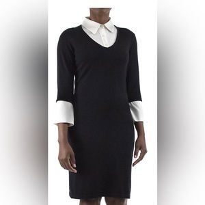 NWT Nina Leonard Black Sweater Dress with White Chiffon Collar & Sleeve XL